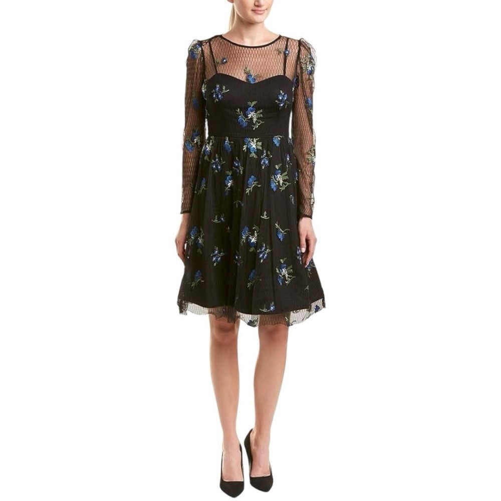 NWT Taylor‎ Long Sleeve Embrodiered A Line Dress, Royal Black, 4 date night